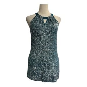 INC International Concepts Teal Sequin Halter Top Size M Keyhole Evening Blouse